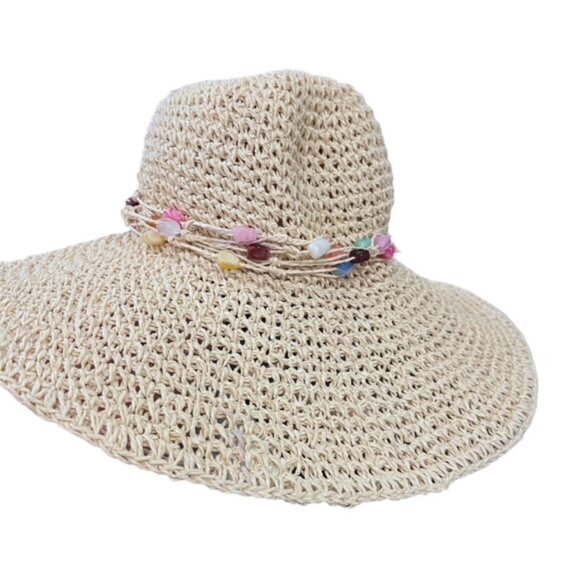 Boho Wide Brim Sun Hat Beaded Brim Trim Beach Pool Vacation Travel Cottage Coast - Picture 9 of 12